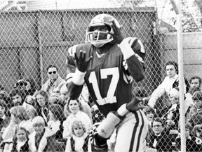Saskatchewan Roughriders receiver Joey Walters makes a spectacular one-handed catch for a touchdown against the B.C. Lions in 1982. Walters ended up leaving the Roughriders in 1983 for a more lucrative offer from the United States Football League.