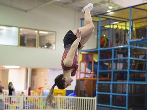 Haley Nakonechni completes a flip on the double mini-trampoline during a recent practice.