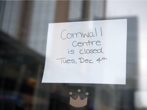 Due to a large power outage around the province, a large portion of downtown Regina was without power. The Cornwall Centre had a handwritten note in the door letting customers they were closed due to no power.