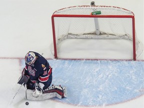 REGINA, SASK : December 1, 2018  -- The Regina Pats' goaltender Dean McNabb (31) stops a shot during a game against the Prince Albert Raiders at the Brandt Centre. BRANDON HARDER/ Regina Leader-Post