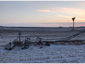 REGINA, SASK : This power line near Corinne, Sask., was brought down due to heavy frost conditions in the south and central areas of the province this first weekend of December 2018.
