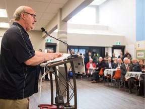 Joe Miller, executive director of Souls Harbour Rescue Mission, speaks to a crowd at the grand opening of the Gerri Carol Hope Centre, Souls Harbour's new building on Angus Street.