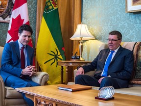 Prime Minister Justin Trudeau meeting with Premier Scott Moe in his Saskatchewan Legislative building office in 2018. BRANDON HARDER/ Regina Leader-Post