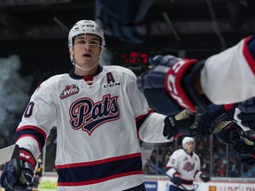 Austin Pratt of the Regina Pats celebrates a goal during WHL action against the Brandon Wheat Kings on Friday at the Brandt Centre.