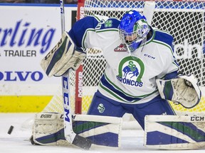 SASKATOON,SK--SEPTEMBER 22/2018-0924 Sports Blades Broncos- Swift Current Broncos goalie Joel Hofer makes a save against the Saskatoon Blades during the first period of WHL action at SaskTel Centre in Saskatoon, SK on Saturday, September 22, 2018.