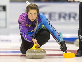 Robyn Silvernagle throws during the first end of the 2018 Scotties women's provincial final held a year ago in Melville, Saskatchewan. MICHAEL BELL / Regina Leader-Post.
