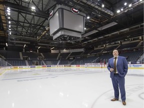 Tim Reid, the newly appointed president and CEO of Evraz Place, stands at ice level at the Brandt Centre in Regina.