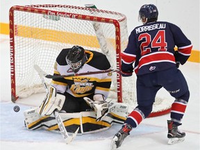 Koby Morrisseau #24 of the Regina Pats tries to get the puck past netminder Ethan Kruger of the Brandon Wheat Kings during pre-season WHL action at Westoba Place.