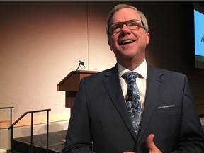 Former Saskatchewan premier Brad Wall delivered the opening keynote speech at CropSphere, an agricultural conference, at TCU Place in Saskatoon on Jan. 15, 2019. (Kathy Fitzpatrick / Saskatoon StarPhoenix)