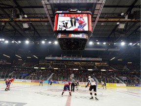 REGINA, SK: JANUARY 23, 2015 - - The Regina Pats unveiled their new scoreboard, the largest suspended score clock in the province, in front of a sold-out crowd on Friday night while the home team took on the rival Moose Jaw Warriors in Regina on January 23, 2015. The total cost is $3 million for the clock and other upgrades to the Brandt Centre. (DON HEALY/Leader-Post) (Story by Greg Harder)