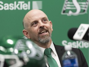 Saskatchewan Roughriders head coach Craig Dickenson speaks during a media announcement at Mosaic Stadium in Regina, Saskatchewan on Friday January 25, 2019. Dickenson was hired for the position after previous head coach Chris Jones left the Roughriders for a job with the Cleveland Browns.