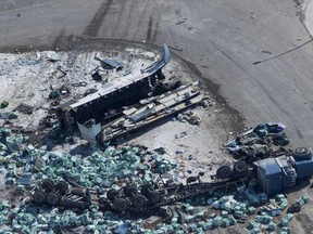 The wreckage of a fatal bus crash carrying members of the Humboldt Broncos hockey team outside of Tisdale, Sask., is seen on April, 7, 2018.