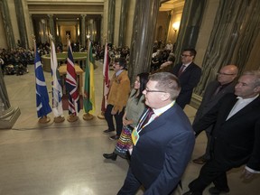 Premier Scott Moe leads the grand entry into the Rotunda at the Legislative Building in Regina. Moe made an official announcement on behalf to the provincial government to apologize for the Sixties Scoop. (Troy Fleece / Regina Leader-Post)