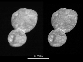 This image made available by NASA on Wednesday, Jan. 2, 2019 shows the size and shape of the object Ultima Thule, about 1 billion miles beyond Pluto. The New Horizons spacecraft encountered it on Tuesday, Jan. 1, 2019. (NASA via AP)