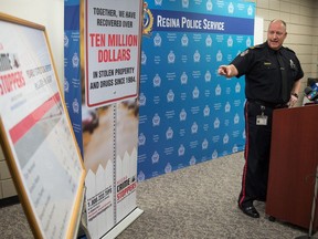 Evan Bray, Chief of the Regina Police Service, speaks at the service's Osler Street headquarters about the efforts of Crime Stoppers in 2018.