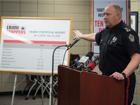 Chief Evan Bray of the Regina Police Service speaks at the service's Osler Street headquarters about the efforts of Crime Stoppers in 2018.