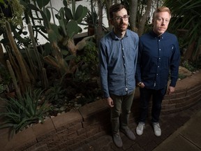 Michael Dawson (left) and Jon Neher sit in the Royal Floral Conservatory, where they are hosting a listening party for their new album on Friday, Jan. 18, 2019.