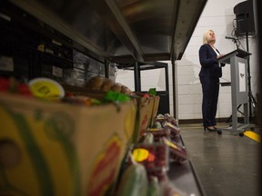 Mosaic's new senior vice president, potash, Karen Swager speaks to members of the media Wednesday at the Regina and District Food Bank regarding $2.5 million in funding for hunger programs around the province.