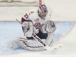 REGINA, SASK : January 1, 2019  -- The Regina Pats' goalie Max Paddock (33) stops a puck during a game against the Prince Albert Raiders' at the Brandt Centre. BRANDON HARDER/ Regina Leader-Post