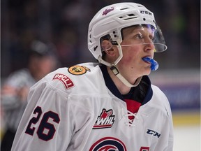The Regina Pats' Sebastian Streu (26) skates to the bench during a WHL game at the Brandt Centre.