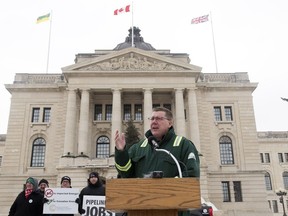 Premier Scott Moe  speaks at a Jan. 8, 2019 rally to support Canadian pipeline projects, oil and gas development, mining projects, and agriculture development.