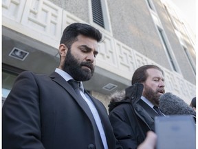 Jaskirat Singh Sidhu leaves provincial court with his lawyer Mark Brayford (right) in Melfort, Sask., Tuesday, January, 8, 2019. Sidhu, the driver of a transport truck involved in a deadly crash with the Humboldt Broncos junior hockey team's bus, has pleaded guilty to all charges against him.