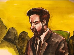 In this court artist's sketch, Jaskirat Singh Sidhu is shown at his sentencing hearing in Melfort, Sask., Monday, Jan. 28, 2019.