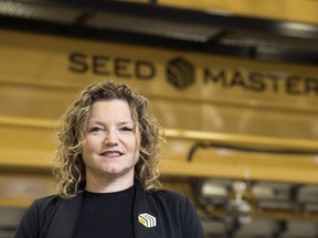 Leah Olson-Friesen, from left, CEO of SeedMaster and Dot Technology Corporation, at the SeedMaster plant in Emerald Park.