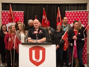 Unifor members at the "Stand Up for Crown Workers" rally held at the Delta Hotel in Regina in January to launch bargaining efforts.