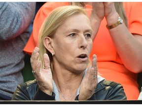 Former tennis player Martina Navratilova watches the women's singles match between Poland's Agnieszka Radwanska and Venus Williams of the US on day eight of the 2015 Australian Open tennis tournament in Melbourne on January 26, 2015.