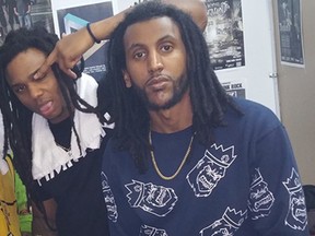 Awet Mehari, centre, and rapper Kyriel "Pimpton" Roberts on tour in 2016.
