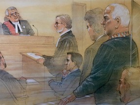 In this Jan. 29 sketch, Ontario Superior Court Justice John McMahon (left), Crown attorney Michael Cantlon (centre, standing with beard) and serial killer Bruce McArthur (right) are shown in a downtown Toronto courtroom.