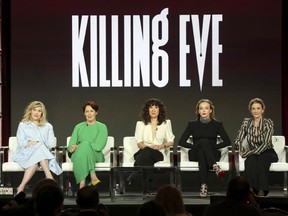 Emerald Fennell, from left, Fiona Shaw, Sandra Oh, Jodie Comer and Sally Woodward Gentle participate in the "Killing Eve" panel during the BBC America presentation at the Television Critics Association Winter Press Tour at The Langham Huntington on Saturday, Feb. 9, 2019, in Pasadena, Calif.