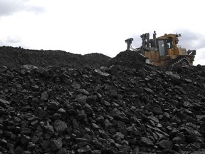 A bulldozer pushes coal towards the SaskPower Boundary Dam power station.