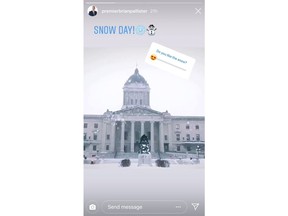 A photo of a snowy day in Winnipeg, posted on Manitoba Premier Brian Pallister's Instagram account, is shown in this recent handout photo. On social media, Manitoba Premier Brian Pallister appeared to marvel in recent days at the wintry Winnipeg weather. But in reality, he was at his vacation home in tropical Costa Rica, his office confirmed. Pallister's Twitter and Instagram accounts put up a few pictures of snowfall last Monday, Tuesday and Wednesday.