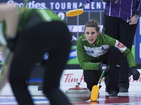 Saskatchewan skip Robyn Silvernagle watches a rock as they play Yukon at the Scotties Tournament of Hearts at Centre 200 in Sydney, N.S. on Wednesday, Feb. 20, 2019.