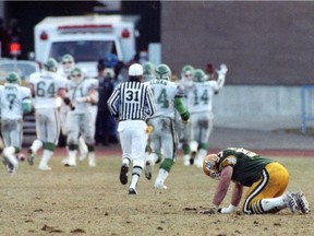 Edmonton Eskimos guard Randy Ambrosie struggles with his disappointment after the Eskimos lost to the Saskatchewan Roughriders in the CFL's 1989 West Division final.