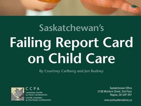 The cover of a new report called Saskatchewan's Failing Report Card on Child Care. Authored by Courtney Carlberg and Jen Budney and issued by the Saskatchewan office of the Canadian Centre for Policy Alternatives, the report criticizes the province's child care policies.