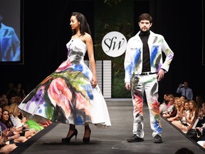 Models wear Dean Renwick designs, tagged by artist David Loren (Jarus) during Sask. Fashion Week in Regina on May 8, 2015.