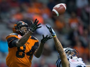 The Saskatchewan Roughriders are hoping that receiver Emmanuel Arceneaux, shown on the left with the B.C. Lions, will eventually provide a much-needed downfield threat.