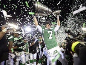 Former Saskatchewan Roughriders receiver Weston Dressler, 7, shown celebrating after the 2013 Grey Cup game in Regina, was one of 15 Riders named to the CFL's all-decade team on Thursday.