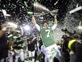 Former Saskatchewan Roughriders star Weston Dressler, 7, shown celebrating after the 2013 Grey Cup game, now lives in his home state of North Dakota and works as the senior community relations specialist for the Bismarck Region of Sanford Health.