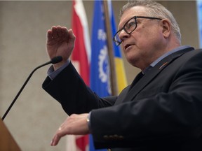 Federal minister of Public Safety Ralph Goodale speaks to members of the media at Regina City Hall regarding the upcoming court battle over the federal carbon tax and around the resignation of Jody Wilson-Raybould from her ministry position amid allegations that the Prime Minister's Office may have attempted to interfere with her decision making as Attorney General in regard to a case involving SNC-Lavalin. BRANDON HARDER/ Regina Leader-Post