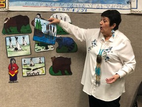 Indigenous oral story teller Hazel Dixon, tells stories at the Royal Saskatchewan Museum in this file photo from Feb. 18, 2019.