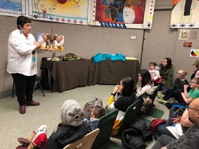 Indigenous oral story teller Hazel Dixon, tells stories to children and their parents at the Royal Saskatchewan Museum in celebration of Family Day and Aboriginal Storytelling Month on Monday, Feb. 18, 2019.