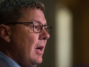 Premier Scott Moe speaks to members of the media about a variety of subjects during a press conference at the Saskatchewan Legislative Building.