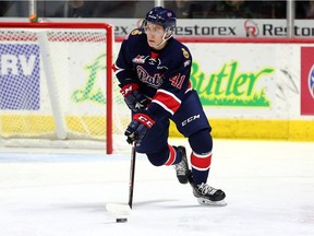 Ryker Evans of the Regina Pats, shown earlier this season, scored his first WHL goal — in overtime — on Friday in Red Deer.