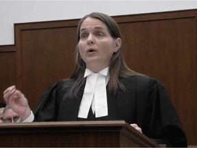 In this image grab, Sharlene Telles-Langdon, a lawyer for the Attorney General of Canada, addresses the Saskatchewan Court of Appeal in Regina, Thursday, Feb.14, 2019. Telles-Langdon says greenhouse gases cannot be distinguished from province to province once they are emitted into the air.