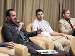 Saskatchewan Roughriders CEO Craig Reynolds, from left, Saskatchewan Roughrider Jorgen Hus and former Roughrider Scott McHenry, who's now with the Canadian Red Cross, take part in a panel discussion about the RespectED program for the annual Sexual Assault Services of Saskatchewan Leadership Forum at the Ramada Hotel.