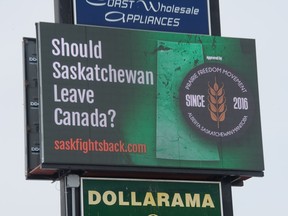 A billboard, which runs a cycle of electronic advertisements, near the corner of Fleet Street and Victoria avenue asks motorists and passers by whether Saskatchewan should leave Canada.